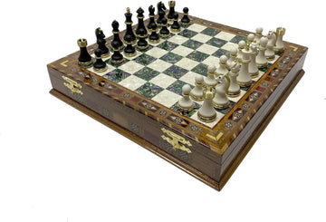 16.5 Inches Large Chess Set - Luxury Chess Pieces with 2 Extra Queens and Wooden Chess Board with Mosaic Details