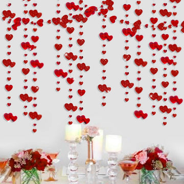 52Ft Valentines Day Party Decorations Red Heart Garland Metallic Glitter Hanging Heart Streamer Banner - Set of 4