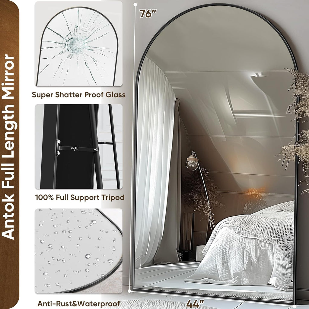 76" x44" Arched Full Length Mirror, Floor Mirror with Stand,Black