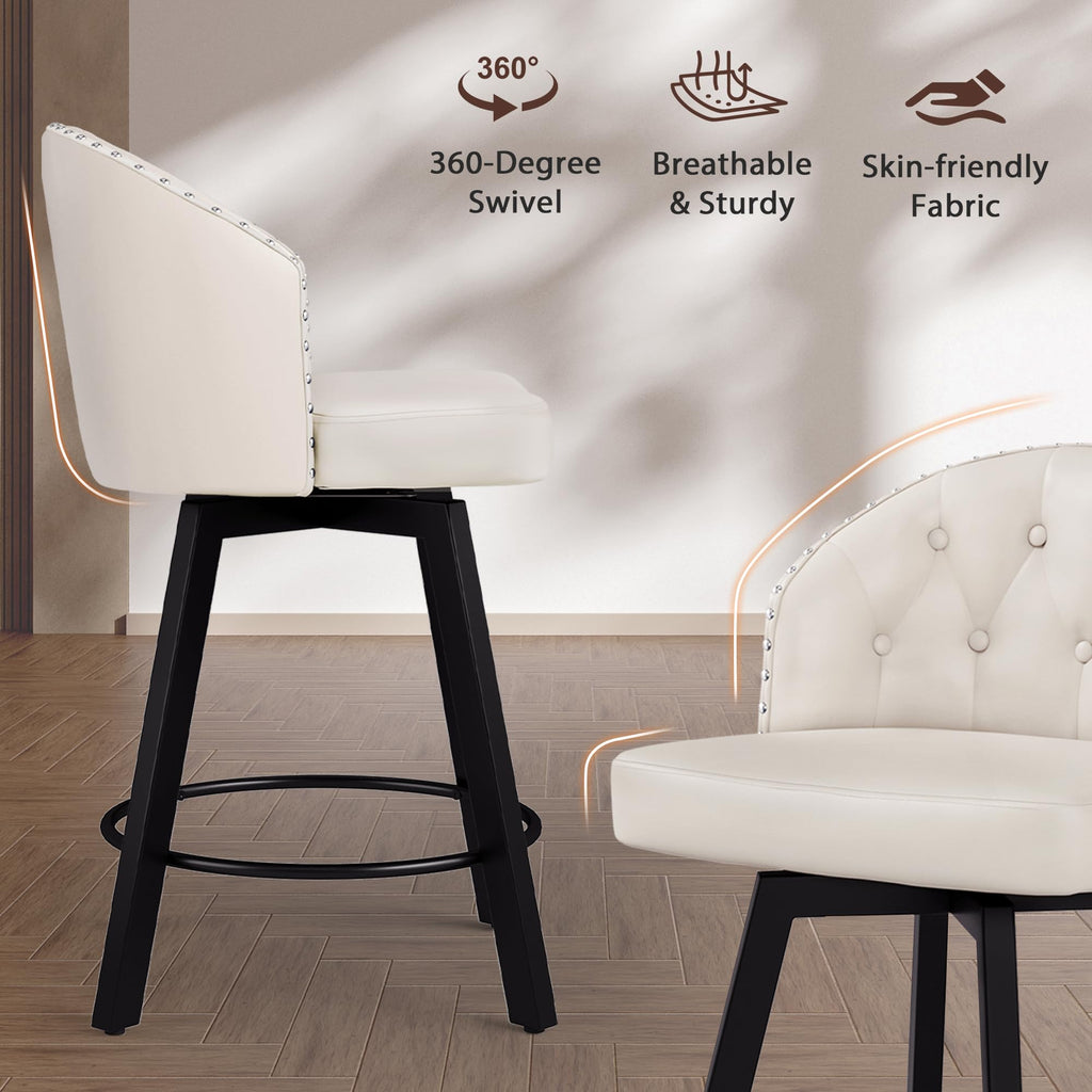 Counter Height Bar Stools Set of 6, 26" Swivel Faux Leather Upholstered Bar Stools with Backs and Metal Legs, Retro
