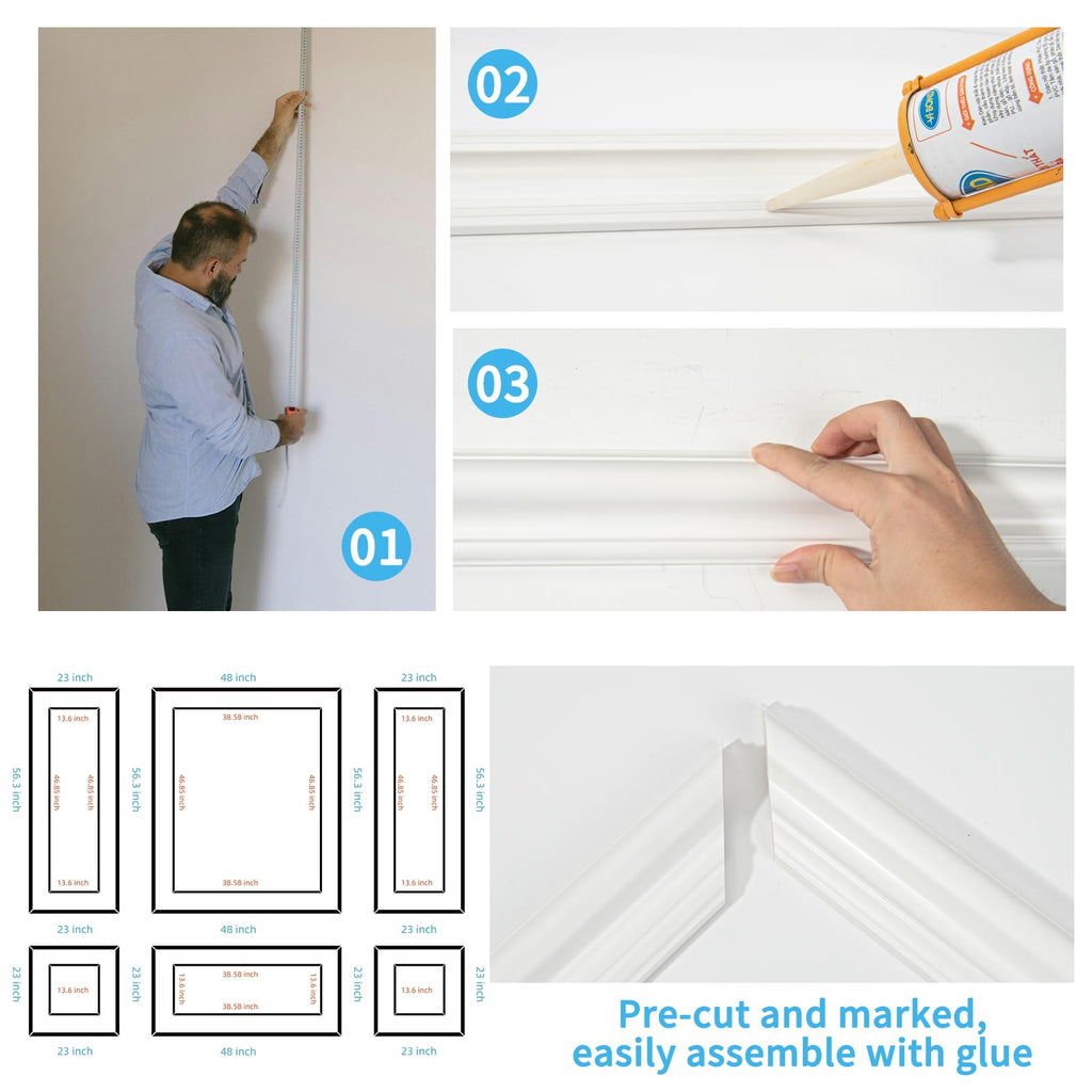 Premade Bilinear Frame Wainscoting Molding Set, 6 Separate Frame