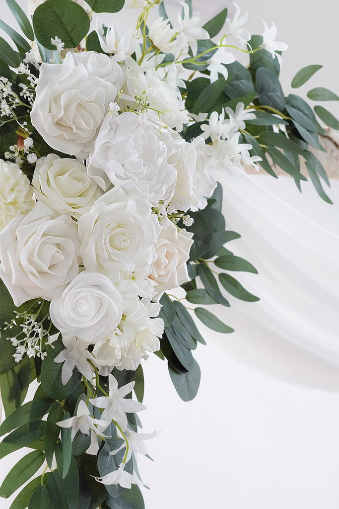 White Artificial Wedding Arch Flowers Kit (Pack of 3) with 26Ft White Shiny Arch Draping Fabric for DIY Wedding Party
