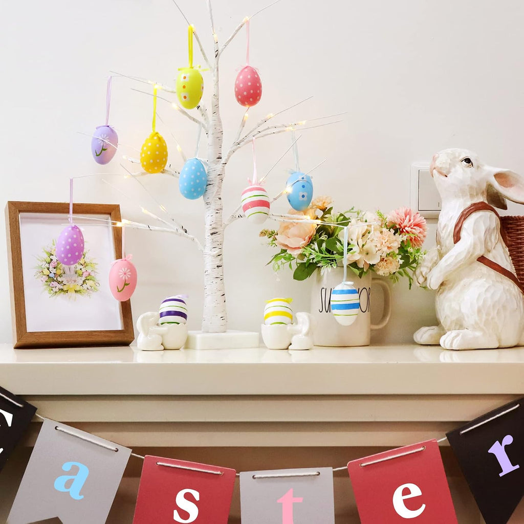 23.2" Lighted Birch Tree with Colored Egg Tree Ornaments, Easter Table Decor with Lights, Kids School Party - Set of 12