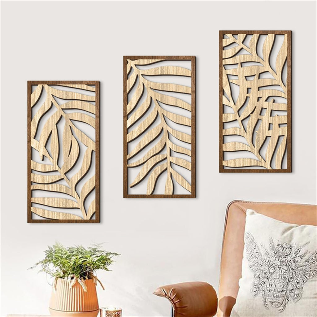 Wooden Geometric Wall Art, Modern Wood Wall Sculpture Panels with 3D Hollow Craft Art, Farmhouse Abstract Hanging - Set of 3