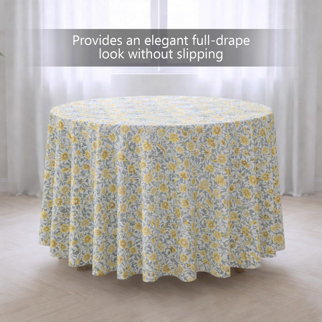 Yellow & White Floral Round Tablecloth, Hand Block Printed Cotton with Striped Border, Dining Table Cover, Handmade