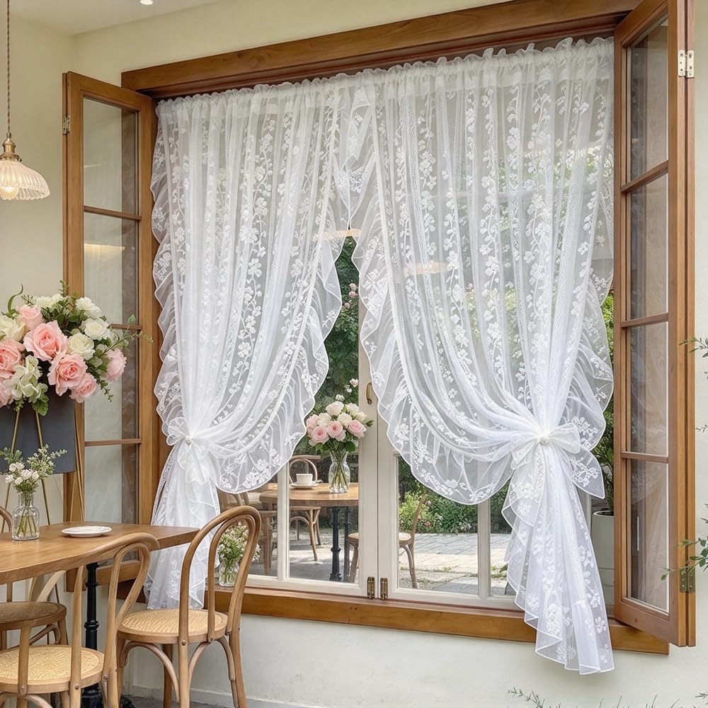 White Little Flower Knitted Lace Curtain with Ruffles for Daughters Bedroom