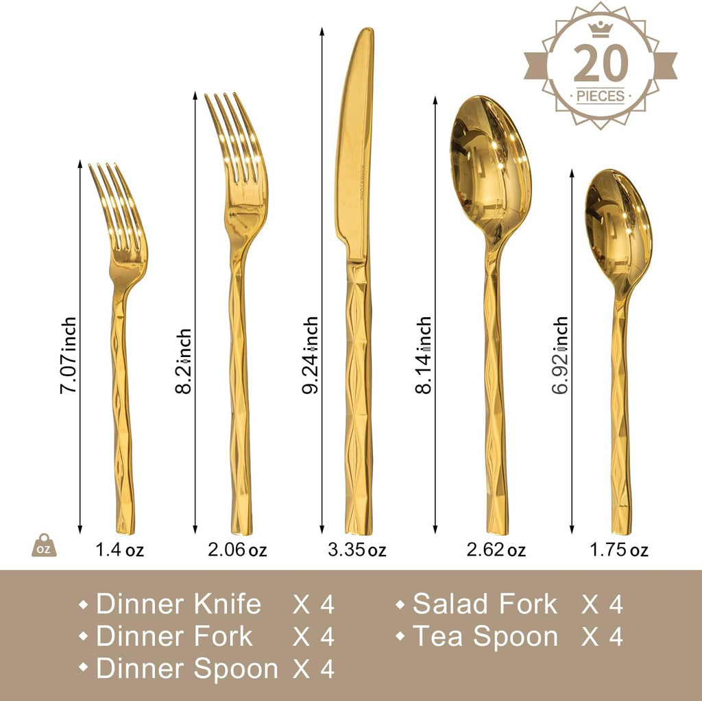 Gold Silverware Set, Luxury 20-Piece Flatware Set for 4, 18/10 Stainless Steel Cutlery Set with Diamond Cut Pattern