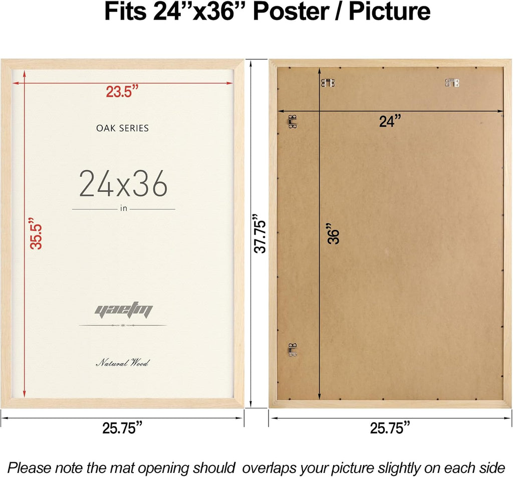 24x36 Oak Frames Set of 3, Wide Molding, Natural Solid Wood 24x36 Poster Frame, Display Large Picture with Plexiglass