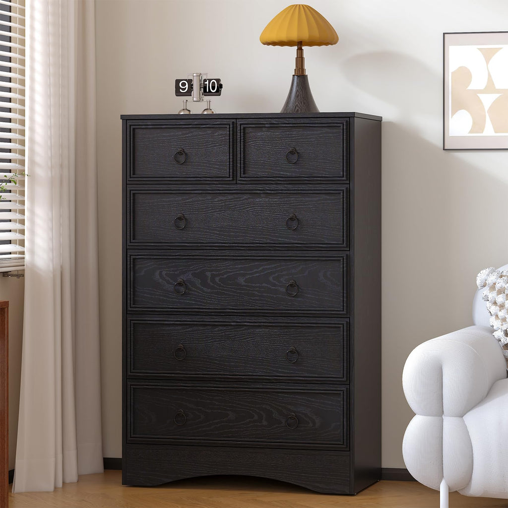 48'' Tall Black Dresser with 6 Drawers Chest of Drawers, Large Storage Organizer for Clothes, Black