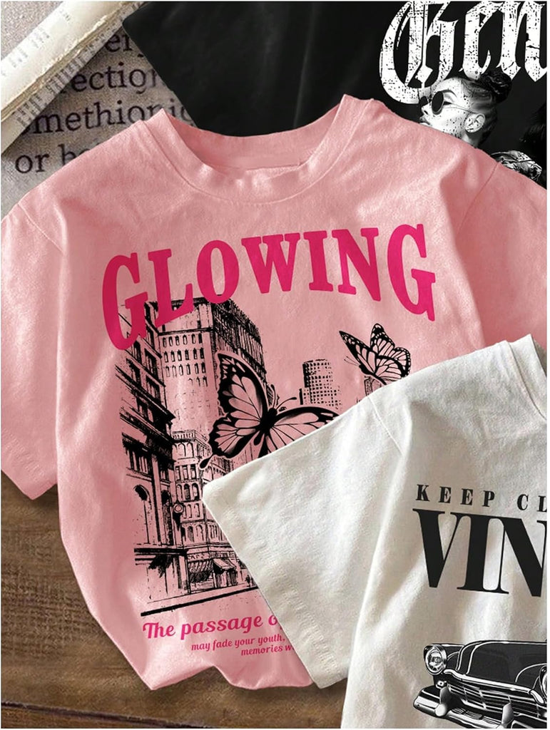 Girl's 3 Packs T Shirts Set Letter Graphic Tees Summer Tee Shirt