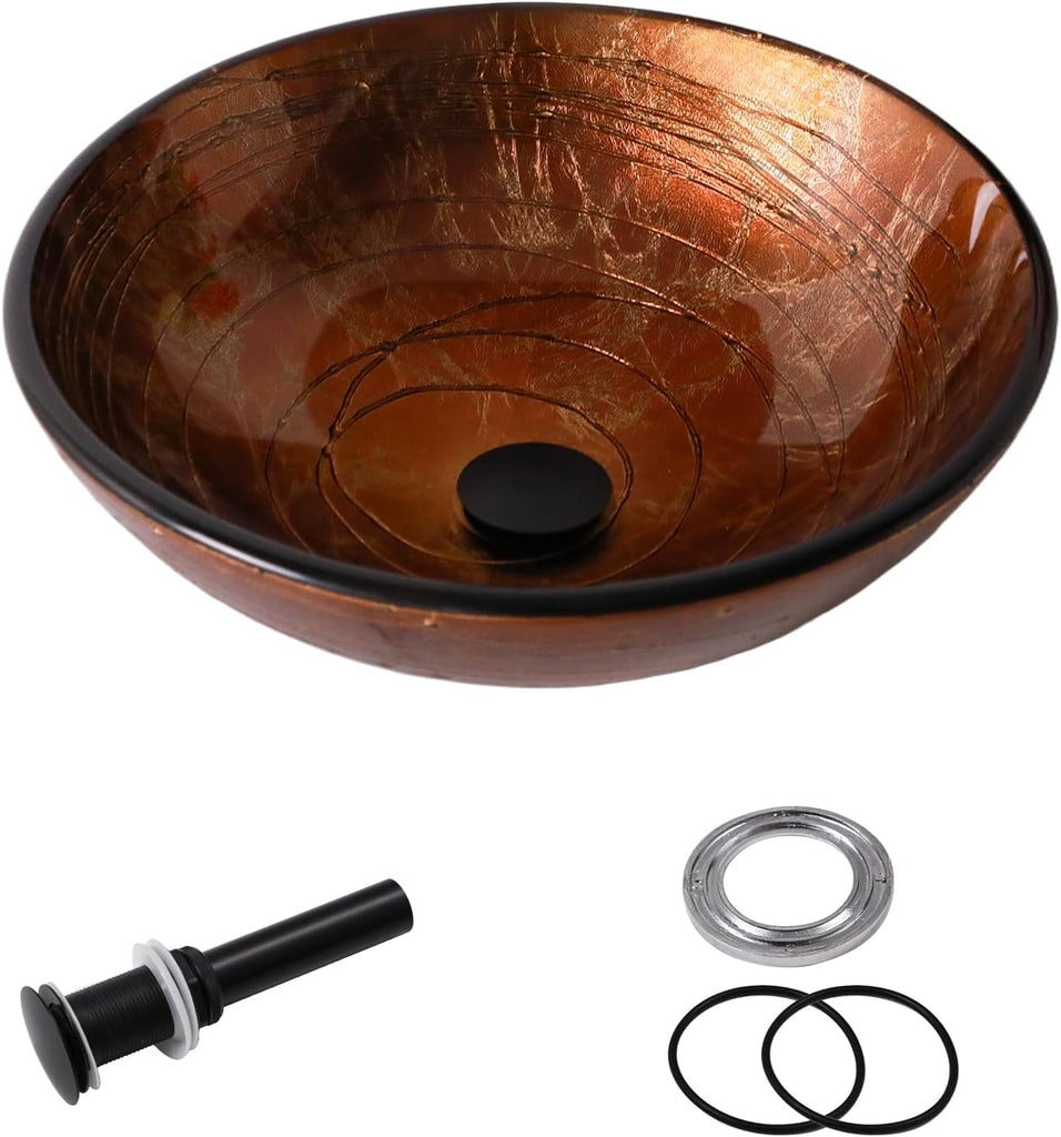 Artistic Vessel Sink Bathroom Vessel Sink Round Brown Tempered Glass Vanity Round Bowl With Pop-up Drain 16-1/2
