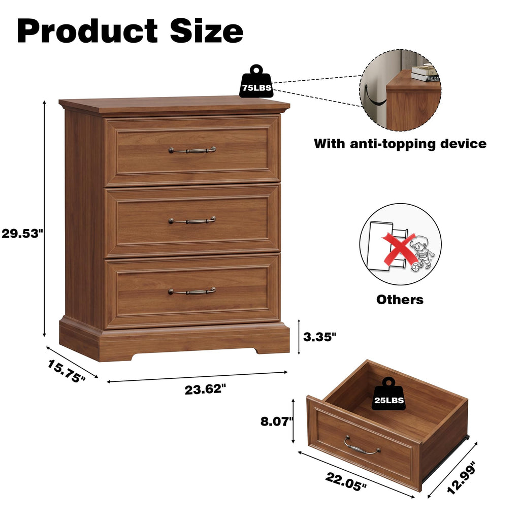Farmhouse 3 Drawers Dresser, 24" Wide Modern Chest of Drawers with Deep Drawers & Bar Handles, Rustic Wood