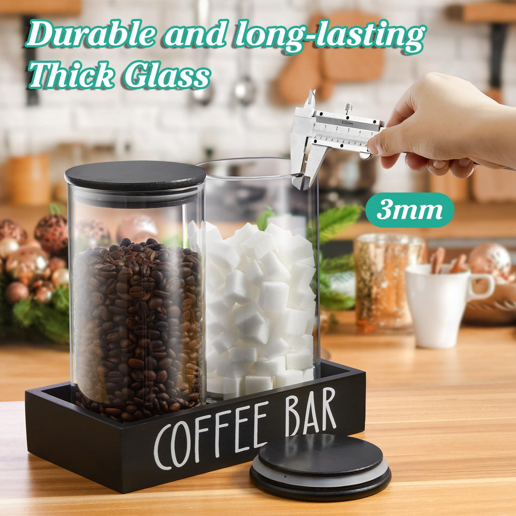 Glass Coffee Canister for Ground Coffee - 2Pcs 45oz Coffee and Sugar Container Set with Airtight Bamboo Lids and