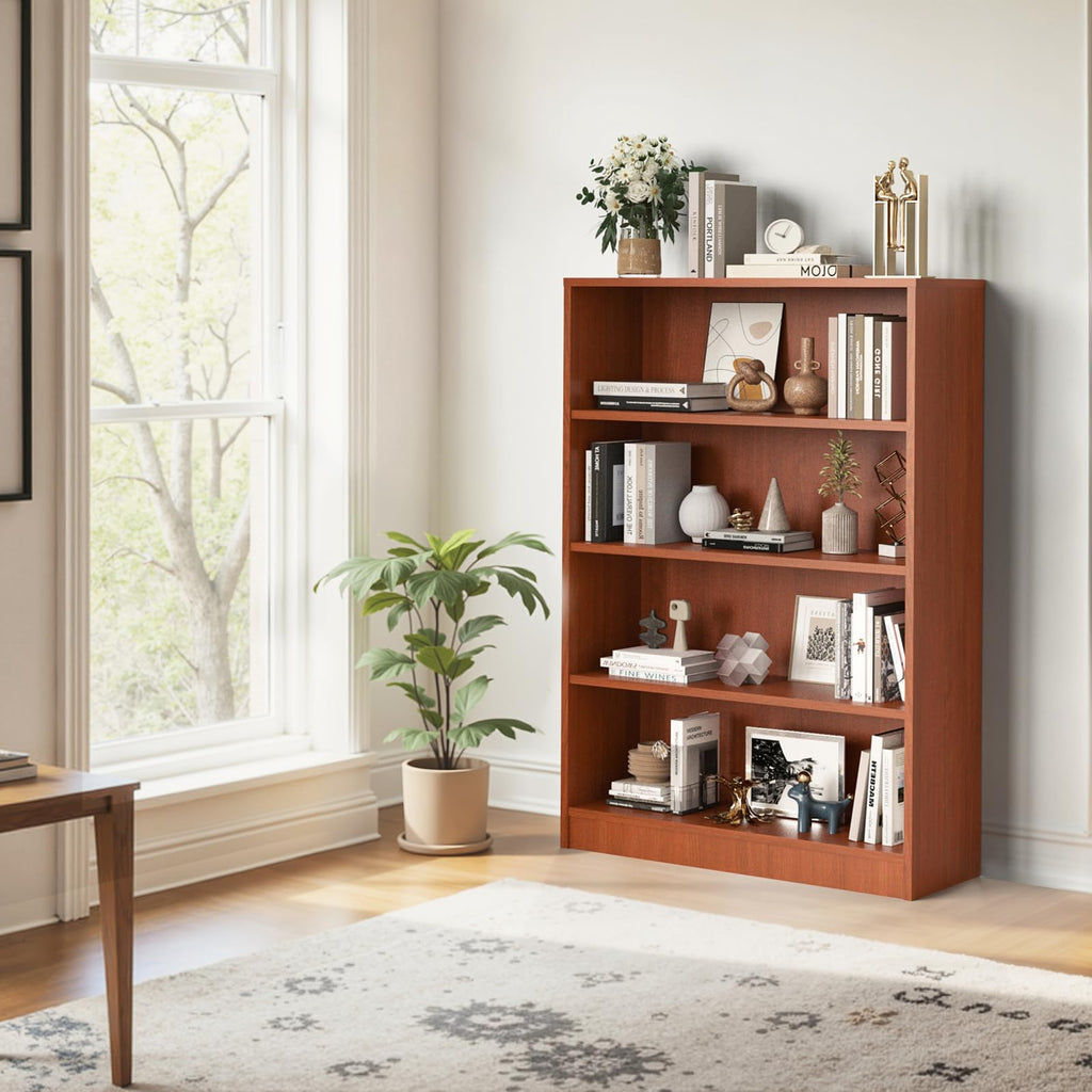 48 Inch Tall 4-Shelf Bookcase, Wood Bookshelf Storage Organizer Adjustable Shelf, Study Room, Easy Assembly, Cherry