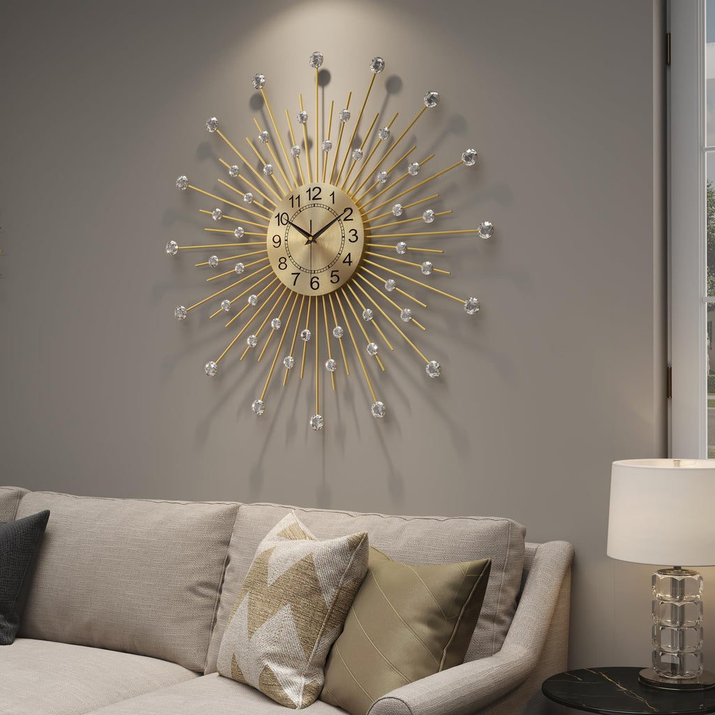 30 Inch Gold Wall Clock Mid Century Modern Crystal Sunburst Clock