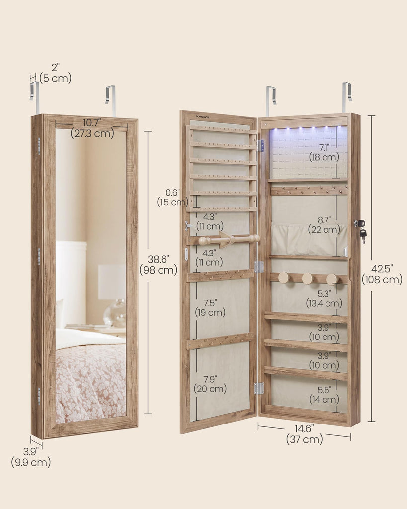 Jewelry Cabinet, Wall or Door Mounted Armoire, 6 LED Lights