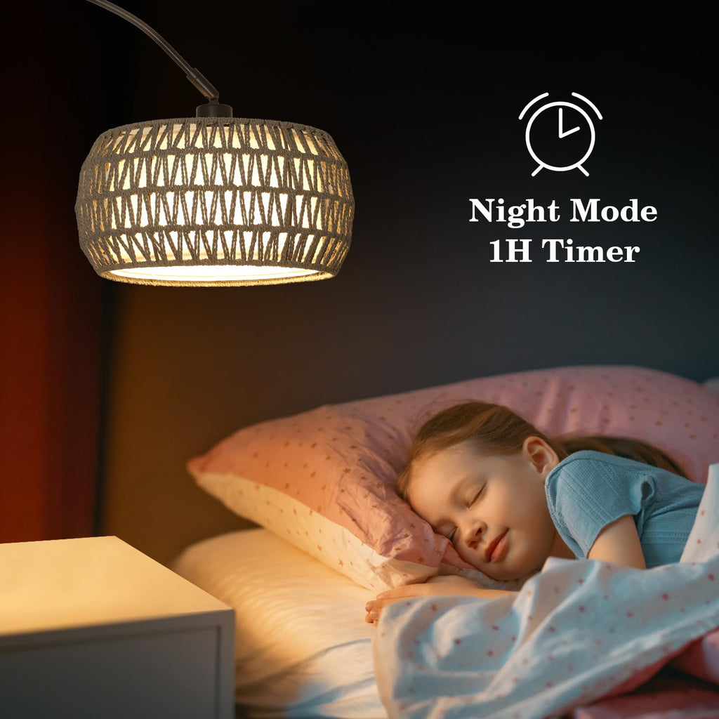 Arc Standing Lamp, Boho Floor Lamps with Remote and LED Dimming Bulb, Rattan Tall Lamp with 3 Color Temperatures