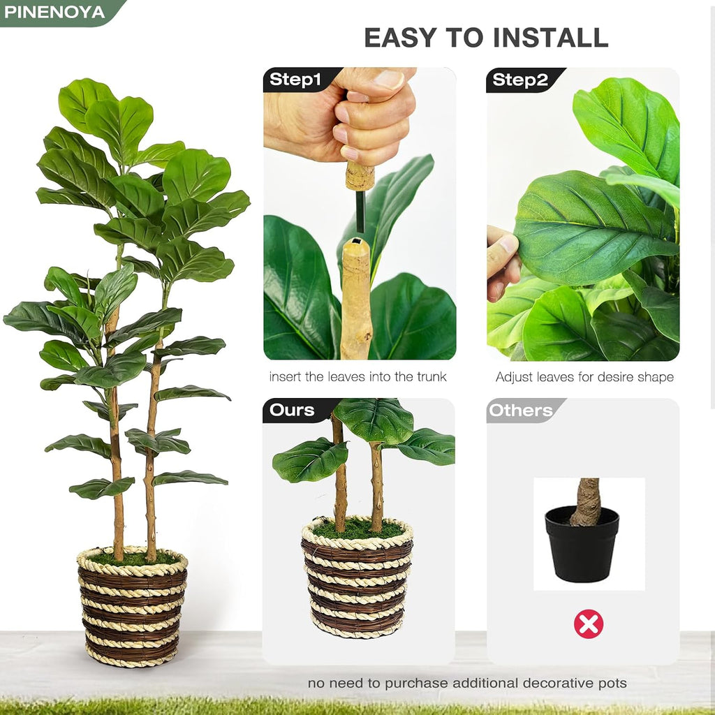 Artificial Fiddle Leaf Fig Tree with Woven Basket,4ft Tall Fake Tree with Natural Wood Trunk Decor, Faux Ficus Tree