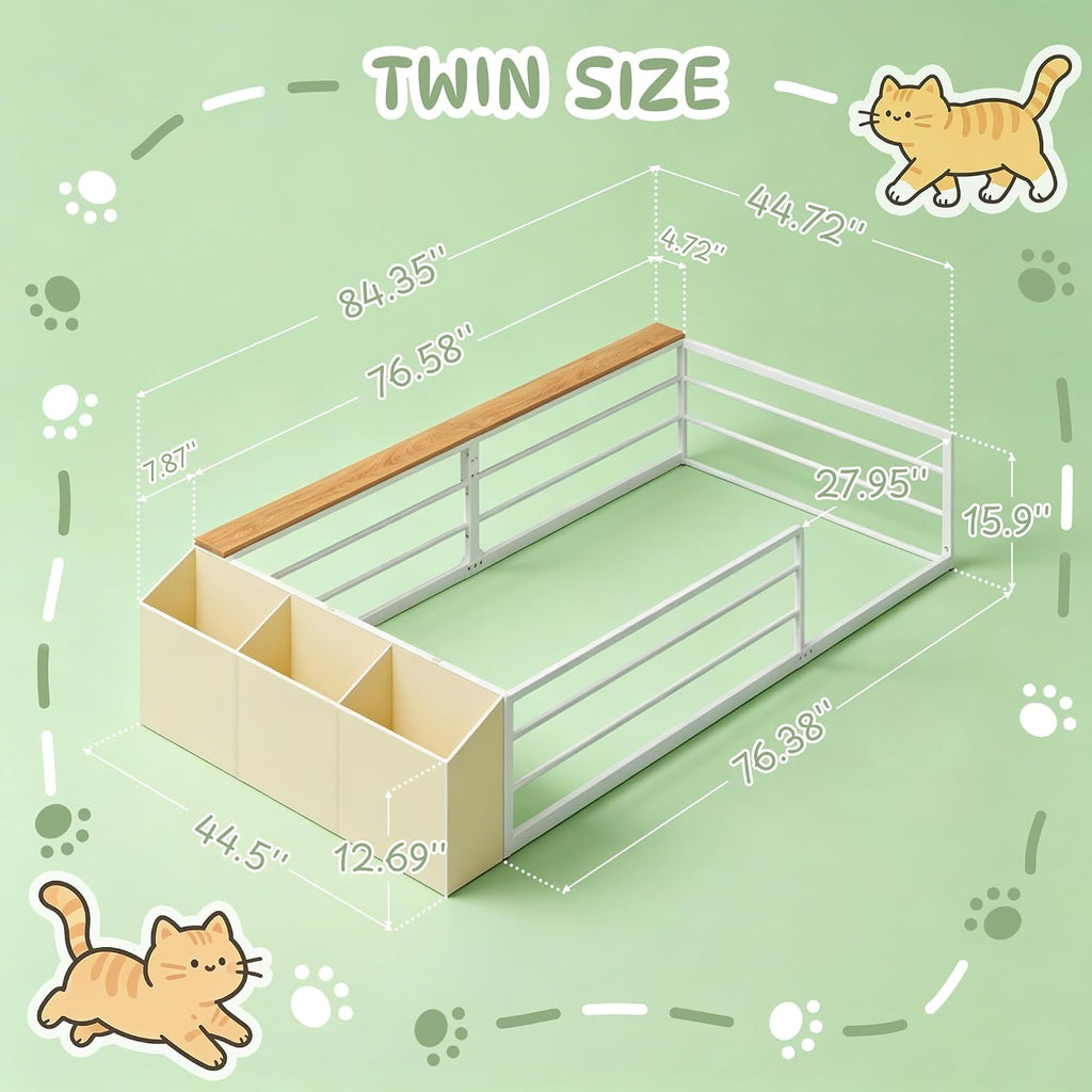 Twin Montessori Floor Bed Frame with Storage | Storage Organizer and Side Shelf, High Guardrail and Wide Entrance, No