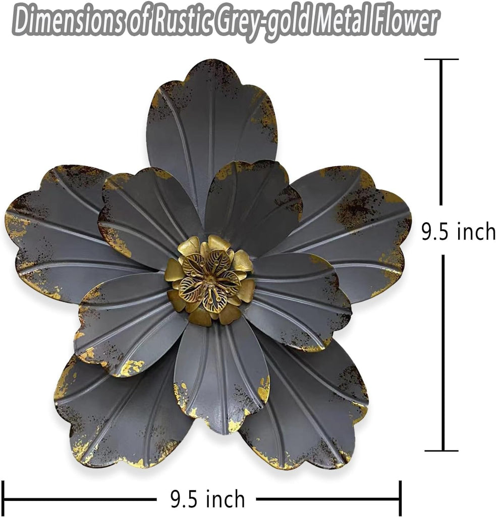 Metal Flower Wall Sculpture, 9.5" Grey Golden Rustic Modern Artwork