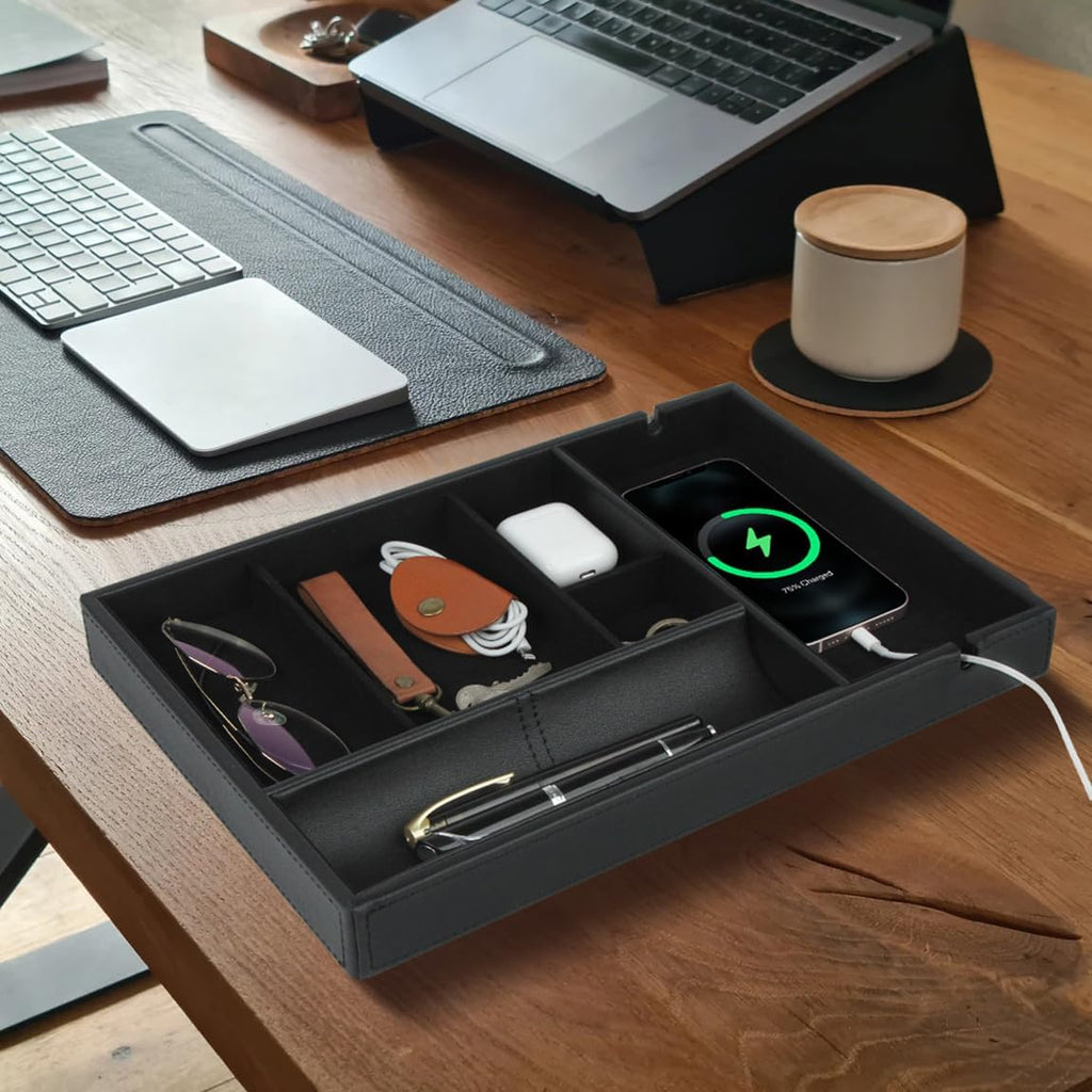 Faux Leather Valet Tray for Gift, Nightstand Organizer Decorative Dresser Tray Box with Phone Charging Station
