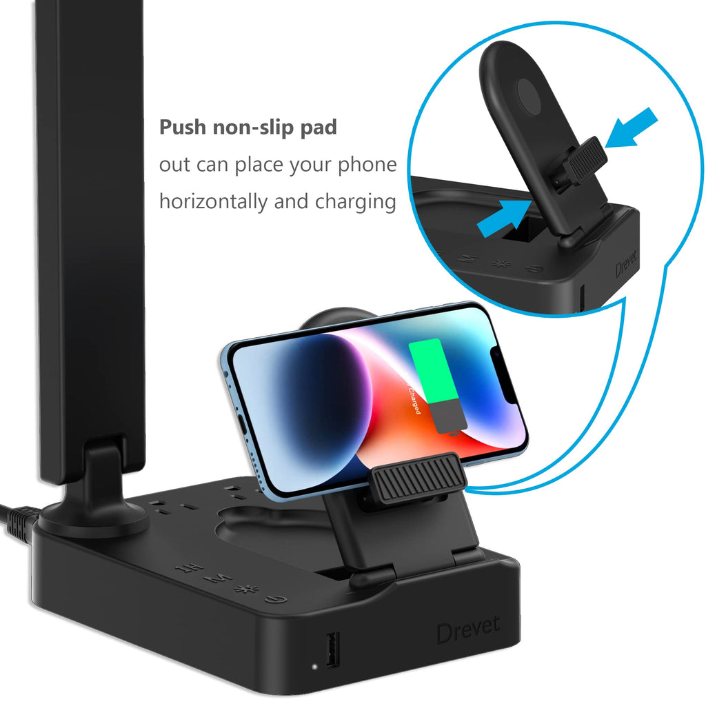 LED Desk Lamp with Wireless Charger, Desk Table Light with USB Charging Port and 2 Outlets, 3 Lighting Modes, 3 Level