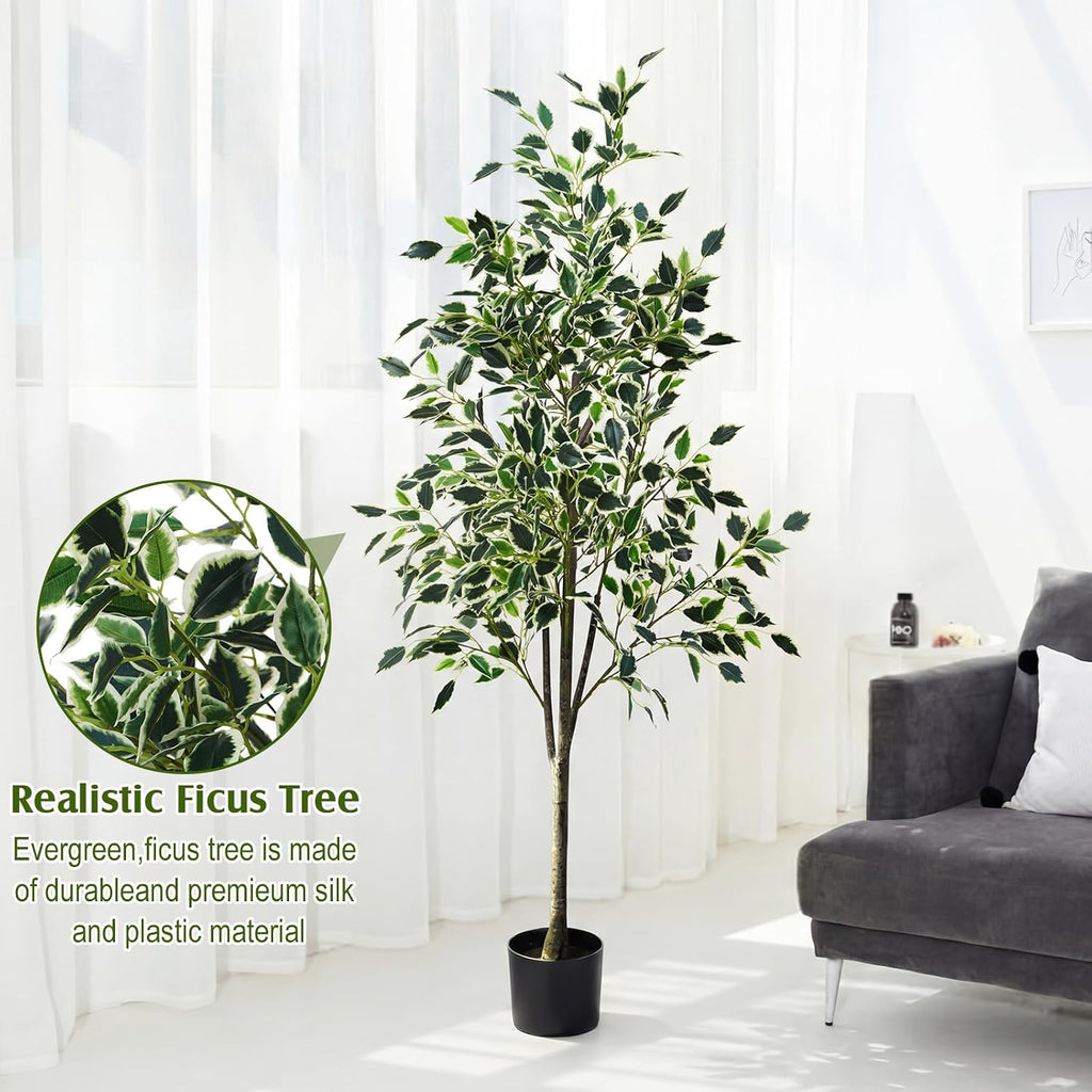 5ft Artificial Ficus Tree Faux Realistic Plants with Silk Leaves and Texture Trunks Fake Ficus Tree Decor Indoor