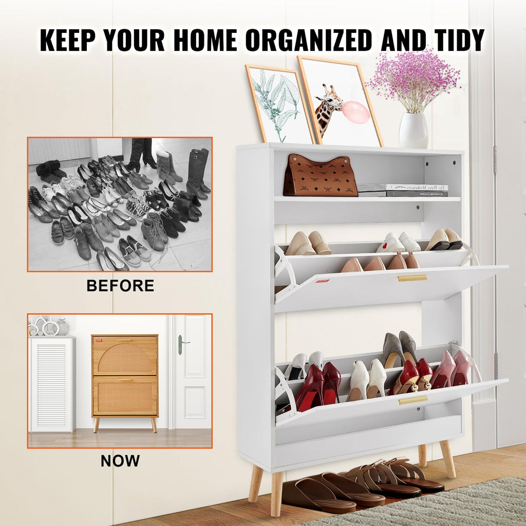 Shoe Storage Cabinet, 31.5" D x 9.4" W x 47.3" H, White