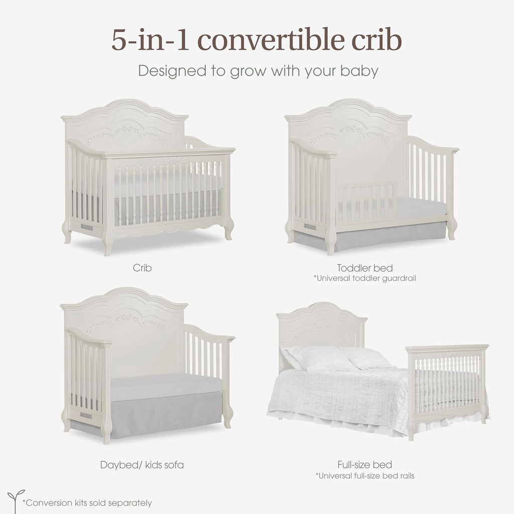 Aurora 5-in-1 Convertible Full Size Baby Crib, Ivory Lace | Wooden Nursery, 3-Position Mattress Support, Converts to