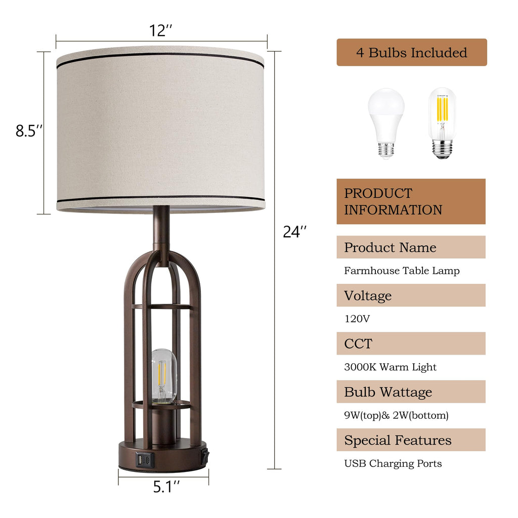 24" Farmhouse Table Lamps Bedroom Set of 2, USB A+C