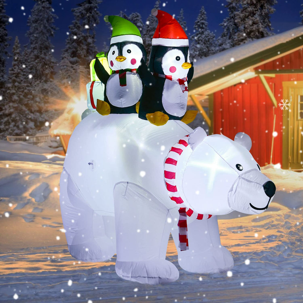Lighted Inflatable Polar Bear Christmas Outdoor Decoration Clearance - 7ft Blow Up Polar Bear with Santa Penguin and