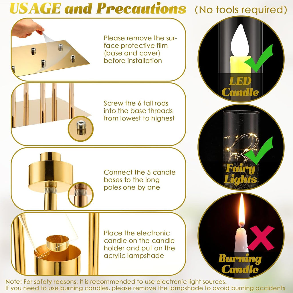 4 Pcs 6 Arm Wedding Gold Candelabra Table Centerpiece 46.5" Floor Candle Holder Metal Tall Candlestick Acrylic