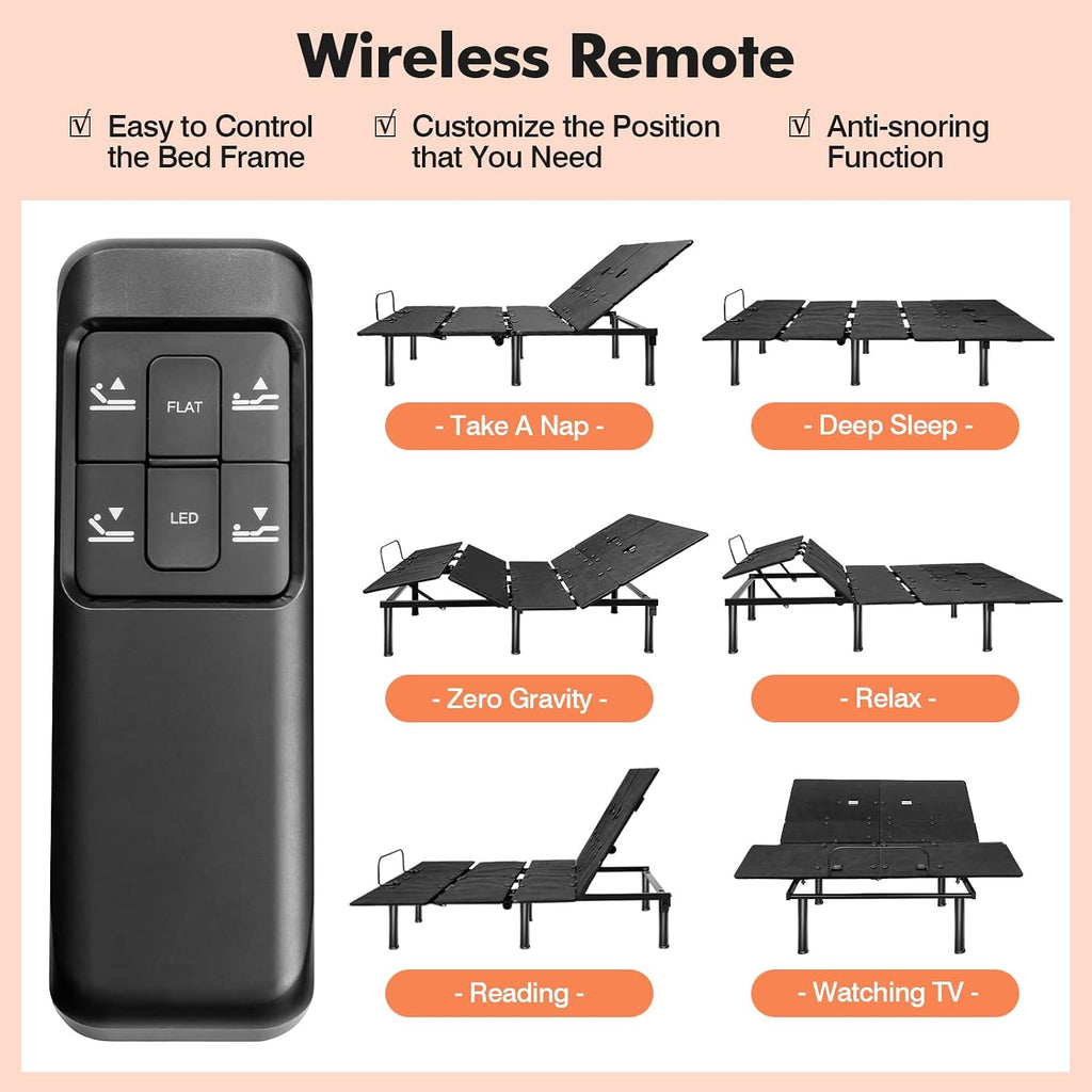Adjustable Bed Base with Remote, Electric Reclining Bed with Head & Foot Incline, LED Under-Bed Lighting and Dual USB