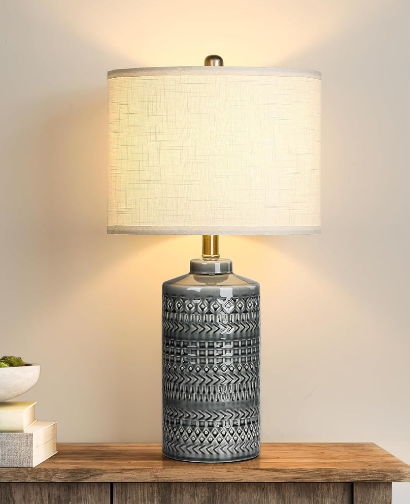 Modern Ceramic Table Lamp, 24.5" Living Room Lamps 3-Way Dimmable Gray Nightstand Lamp with White Sh