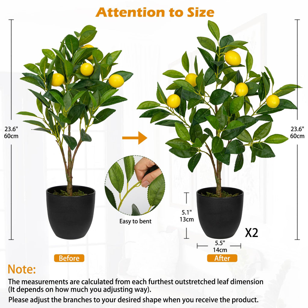 2Ft Artificial Lemon Trees, 2 Packs Large Artificial Plants Indoor with Black Pots Faux Potted Citrus Trees Fake