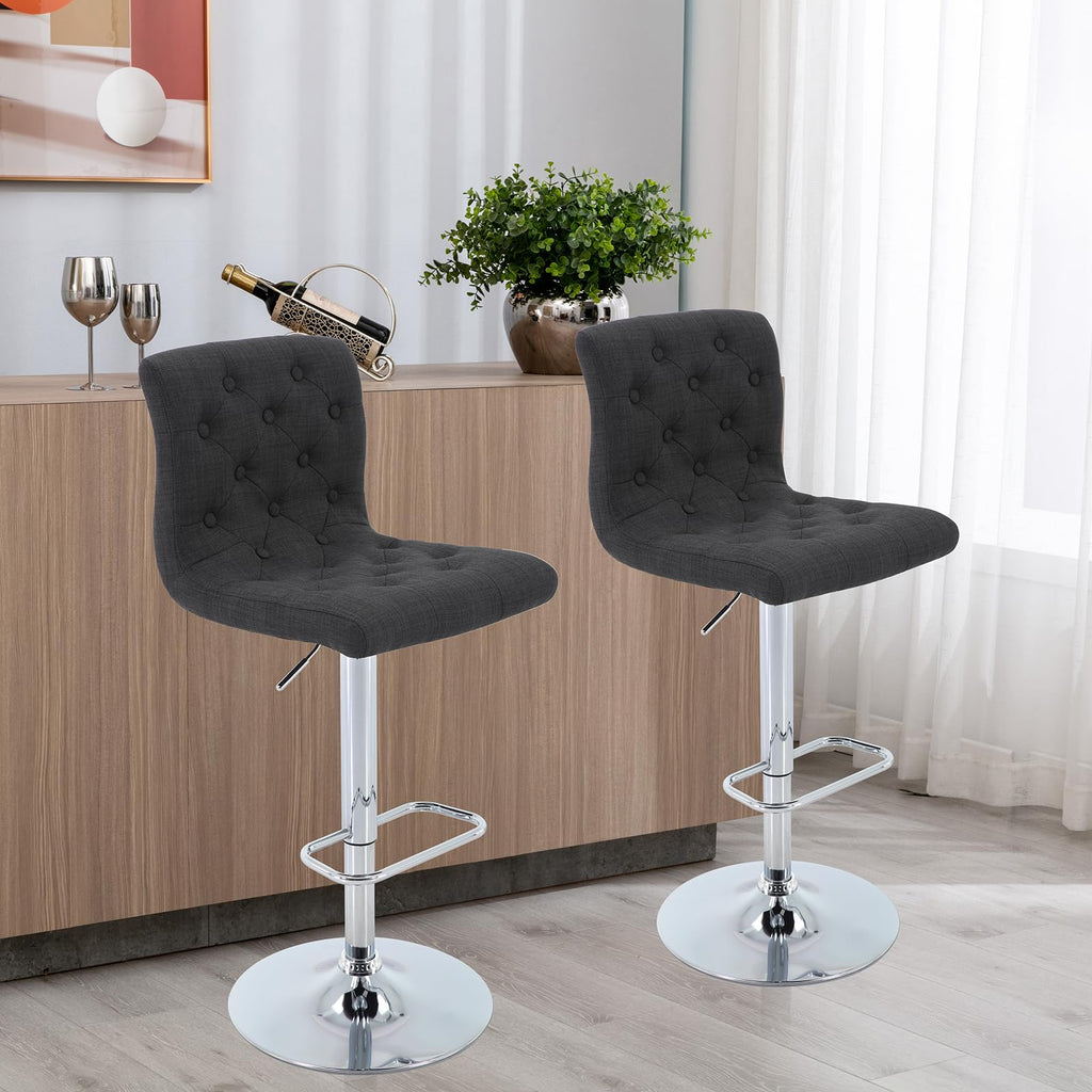 Tufted Fabric Bar Stools Set of 2 with Back, Charcoal Black