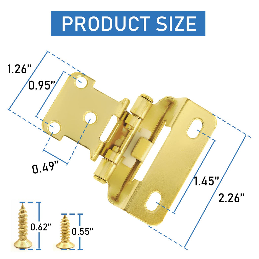 20 Pack (10 Pairs) 1/2 Inch Overlay Partial Wrap Hinges Brass Gold
