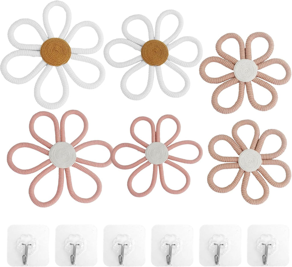 6 Pcs Boho Nursery Decor Daisy with Hooks 3 Size Daisy Flower Wall Decor Bohemian Nursery Decorations Flower Woven