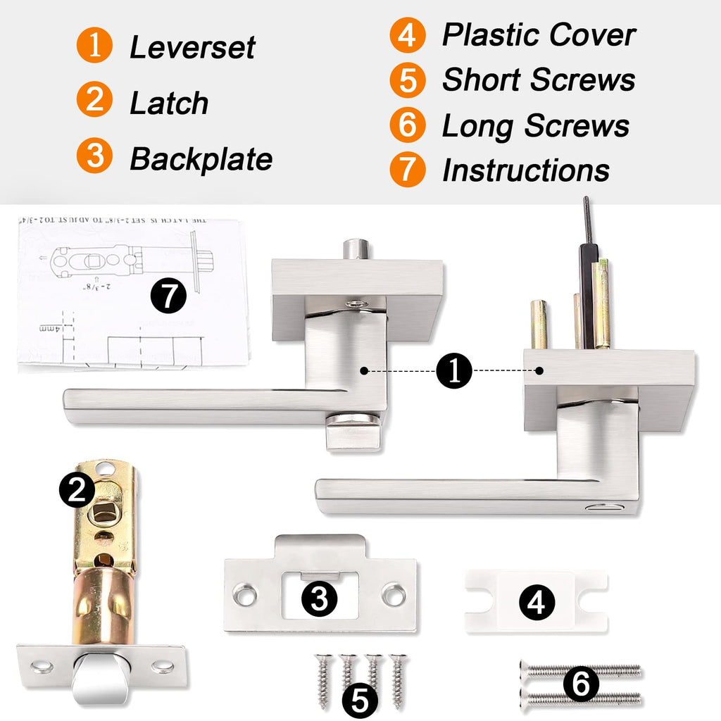 Brushed Nickel Interior Door Handles, ANSI/BHMA Grade 3 Intertek-Verified, 2 Pack Solid Zinc Alloy Square Privacy