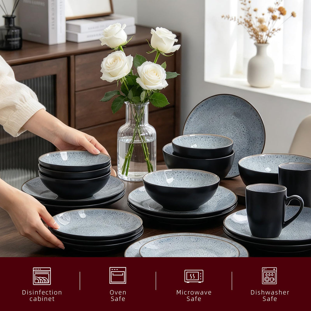 Stoneware Dinner Set Reactive Glaze (16pc Set, Grey)