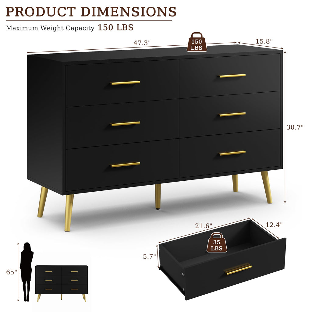 Black 6 Drawer Dresser, 47" Wood Dresser with Gold Handles