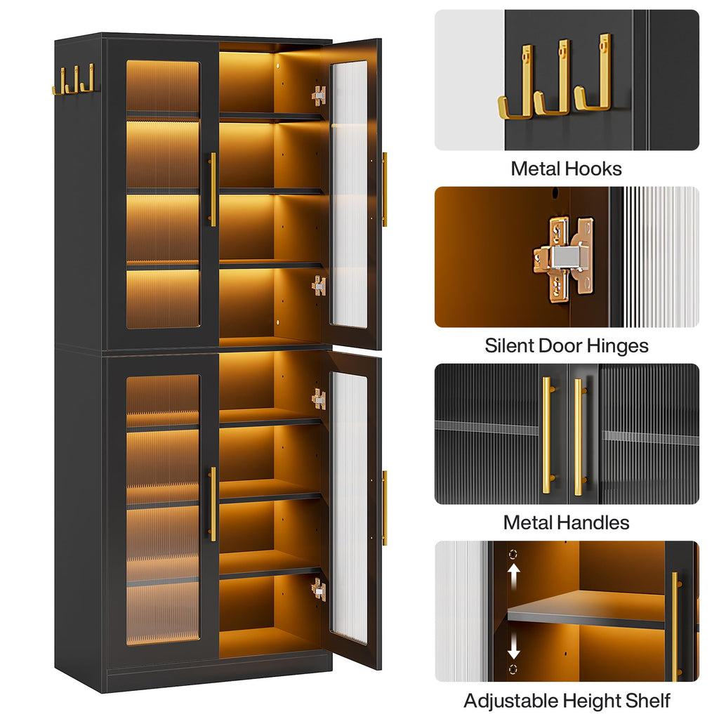 Black Shoe Storage Cabinet with Acrylic Doors and LED Lights, 8-Tier Tall Entryway Shoe Organizer Rack with
