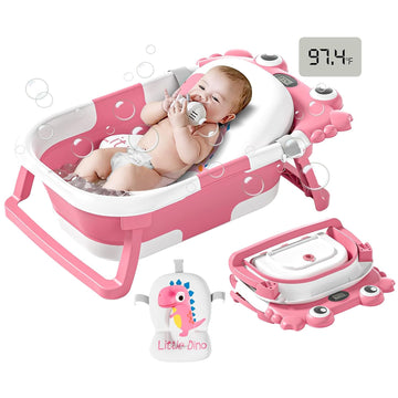 Collapsible Baby Bathtub for Newborns to Toddler with Real-time Temp Monitor & Floating Cushion,Portable Travel Tub