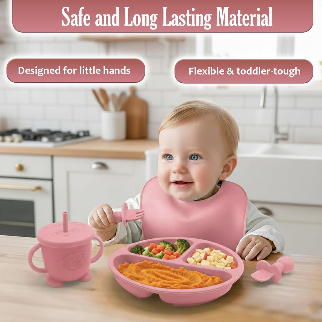 Feeding Set, Silicone Baby Feeding Set with Suction Bowls, Divided Plates, Adjustable Bib, Baby Utensils Spoons