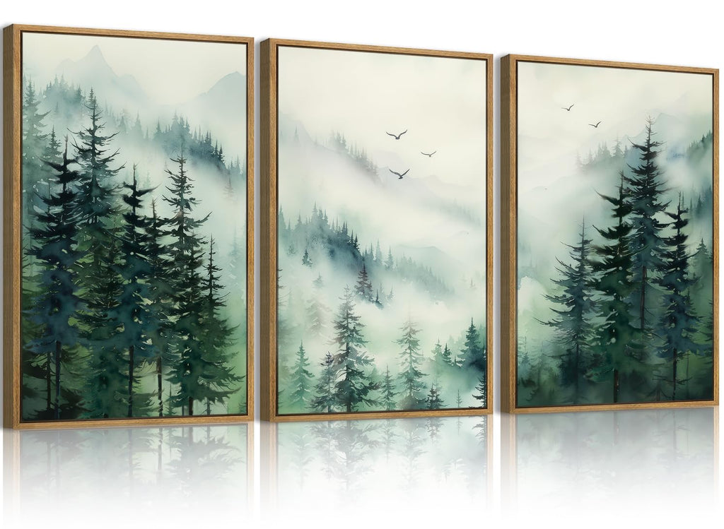 Large Foggy Forest Wall Art Decor Framed Abstract Misty Mountain Artwork Prints Bedroom Office 16x24 Inch Set of 3