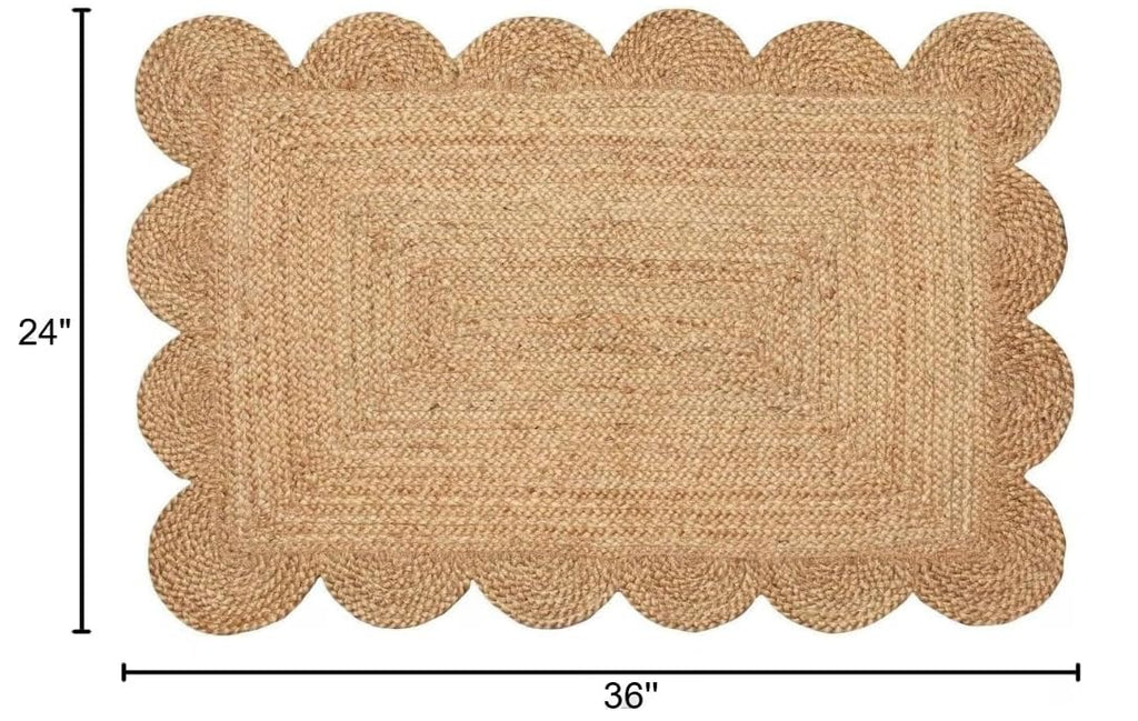 Weaving Cottage Scalloped Natural Jute Area Rug | Beige, 2X3 FT Handwoven Jute Doormat | Eco-Friendly, Durable, and