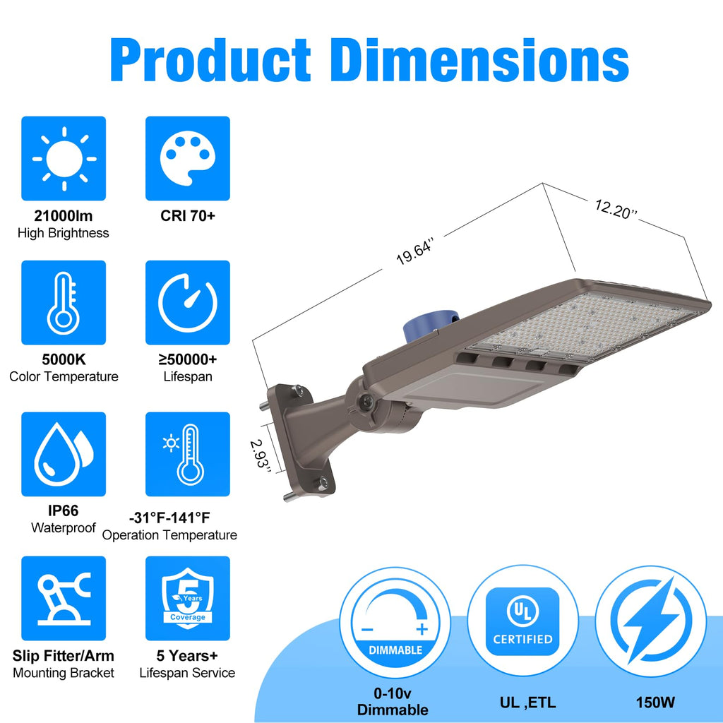 LED Parking Lot Light, 150W, 21, 5000K, Shoebox Light with Dusk to Dawn Photocell, Adjustable Arm Mount, IP66