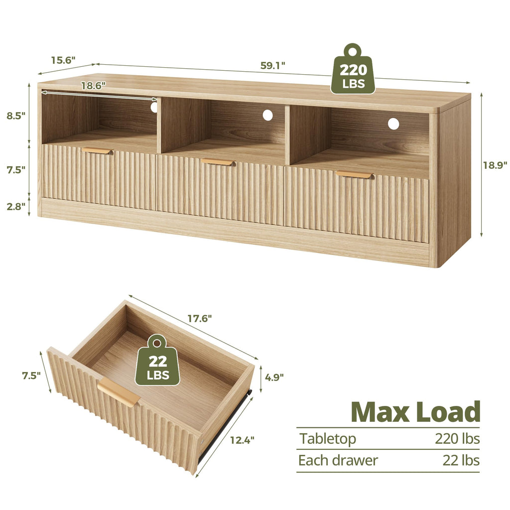 59" Fluted TV Stand for TVs Up to 65", Natural Oak