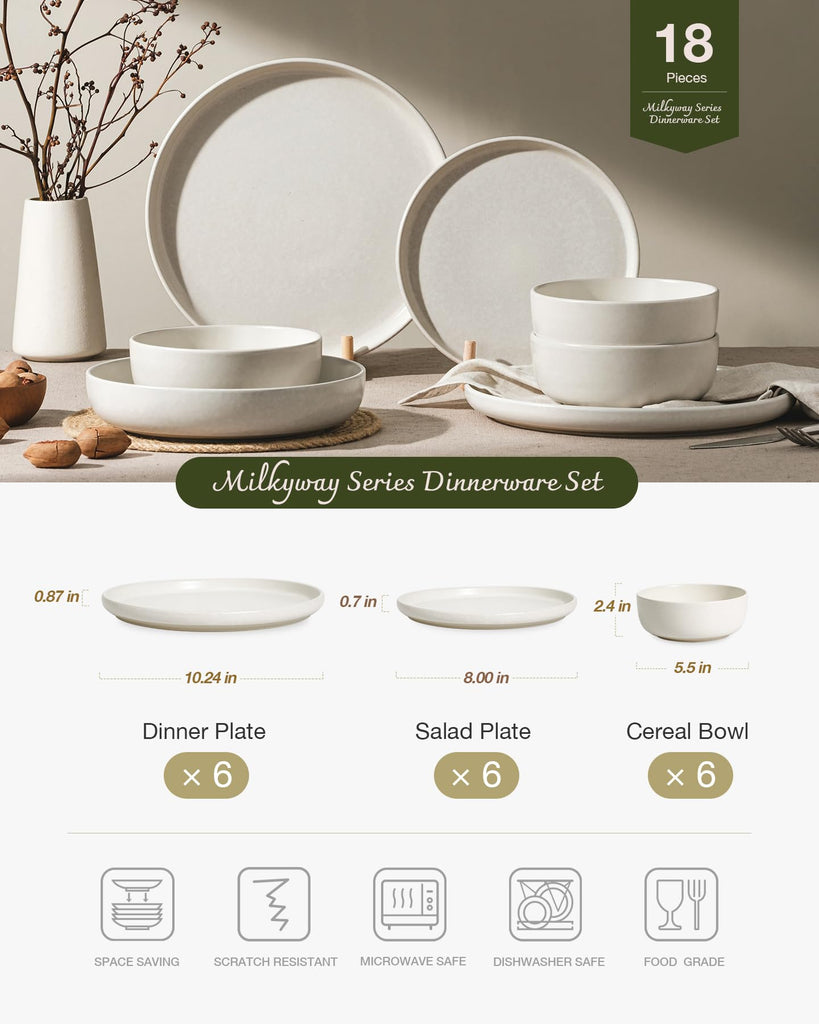 Milkyway 18-Piece Stoneware Dinnerware Set, Matte Beige White