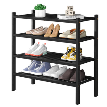 4 Tier (Thick) Bamboo Shoe Rack for Closet Free Standing Wood Shoe Shelf Small Space Stackable 27"x12"x28" (Blackl)